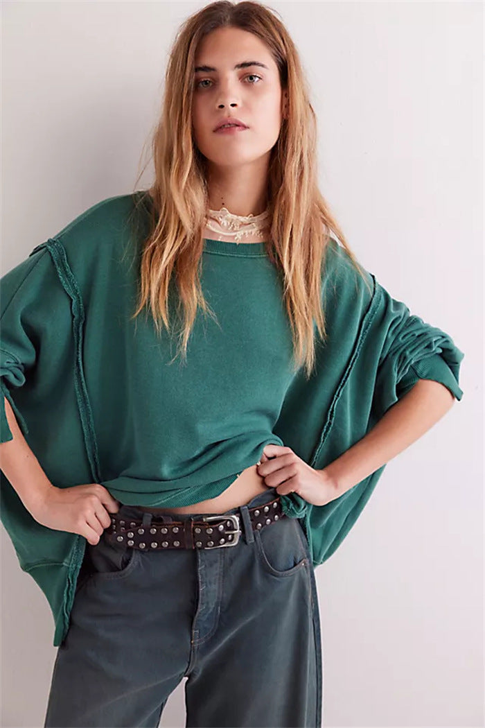 Women's Oversized Sweatshirt with Balloon Sleeves, Exposed Seams, and Side Slits