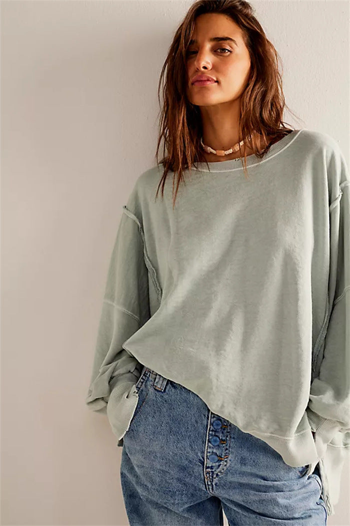 Women's Oversized Sweatshirt with Balloon Sleeves, Exposed Seams, and Side Slits