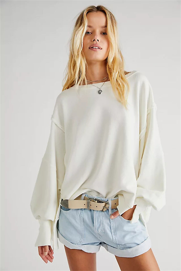 Women's Oversized Sweatshirt with Balloon Sleeves, Exposed Seams, and Side Slits