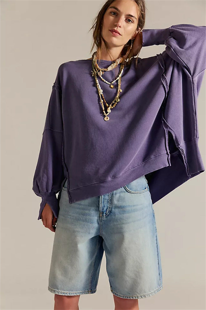 Women's Oversized Sweatshirt with Balloon Sleeves, Exposed Seams, and Side Slits