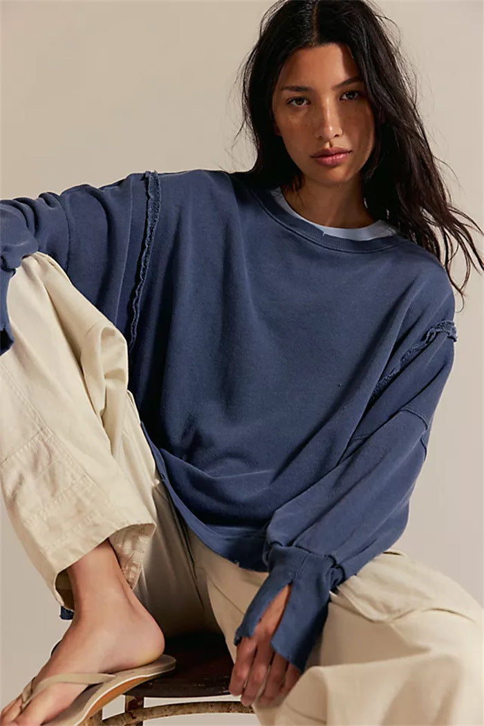 Women's Oversized Sweatshirt with Balloon Sleeves, Exposed Seams, and Side Slits