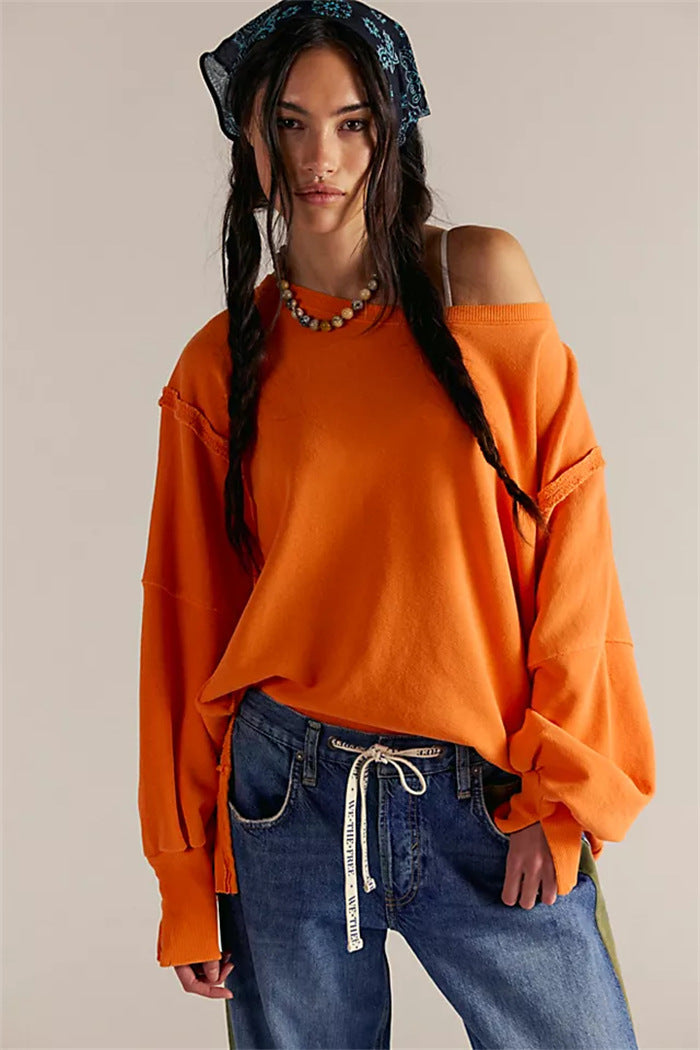 Women's Oversized Sweatshirt with Balloon Sleeves, Exposed Seams, and Side Slits