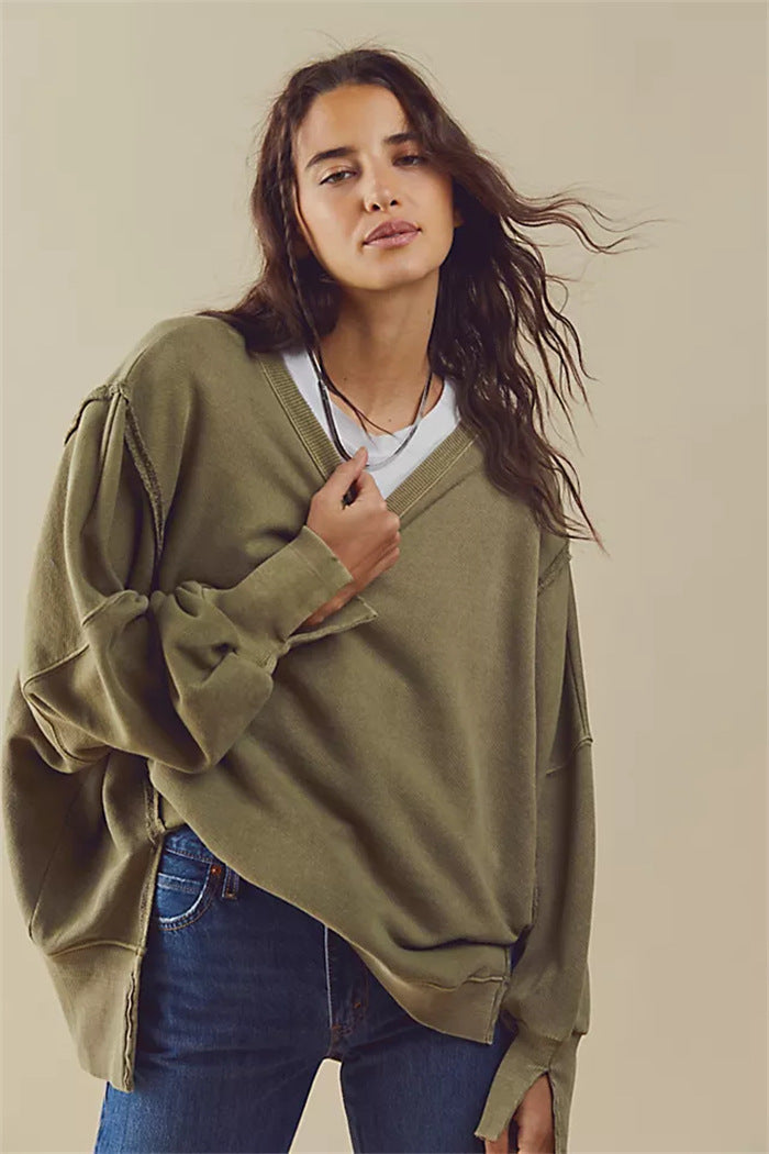 Women's Oversized Sweatshirt with Balloon Sleeves, Exposed Seams, and Side Slits