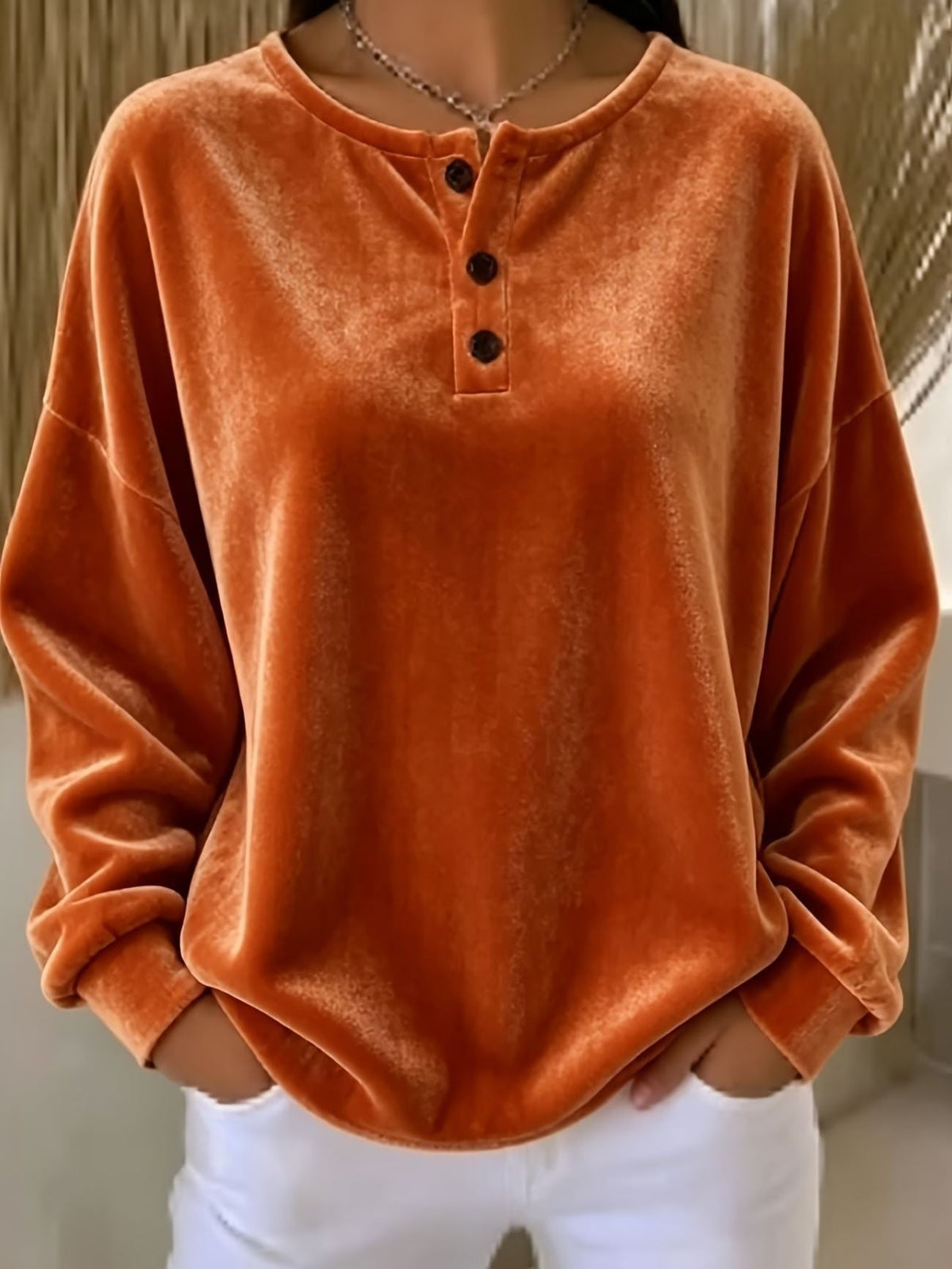 Women's Oversized Velvet Henley Sweatshirt with Button Placket and Dropped Shoulders