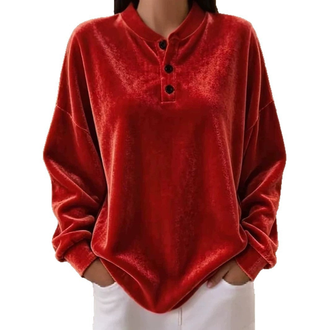 Women's Oversized Velvet Henley Sweatshirt with Button Placket and Dropped Shoulders