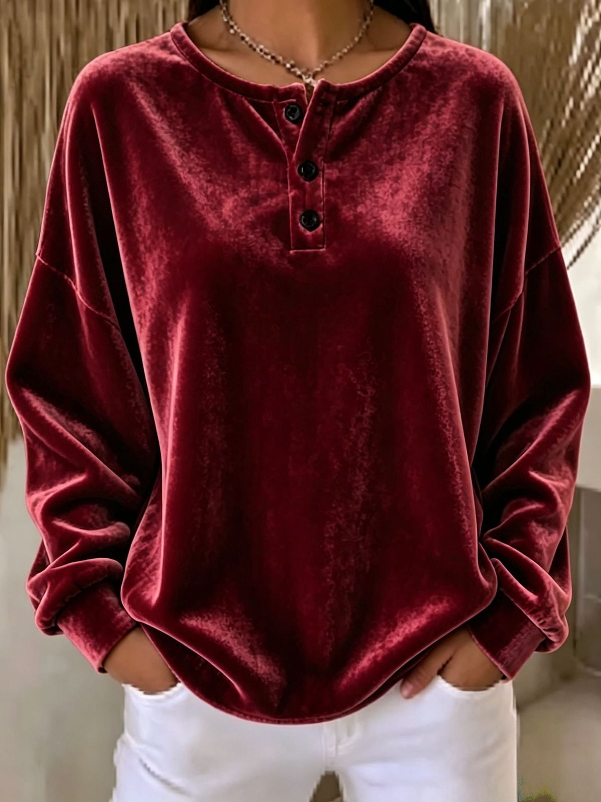 Women's Oversized Velvet Henley Sweatshirt with Button Placket and Dropped Shoulders