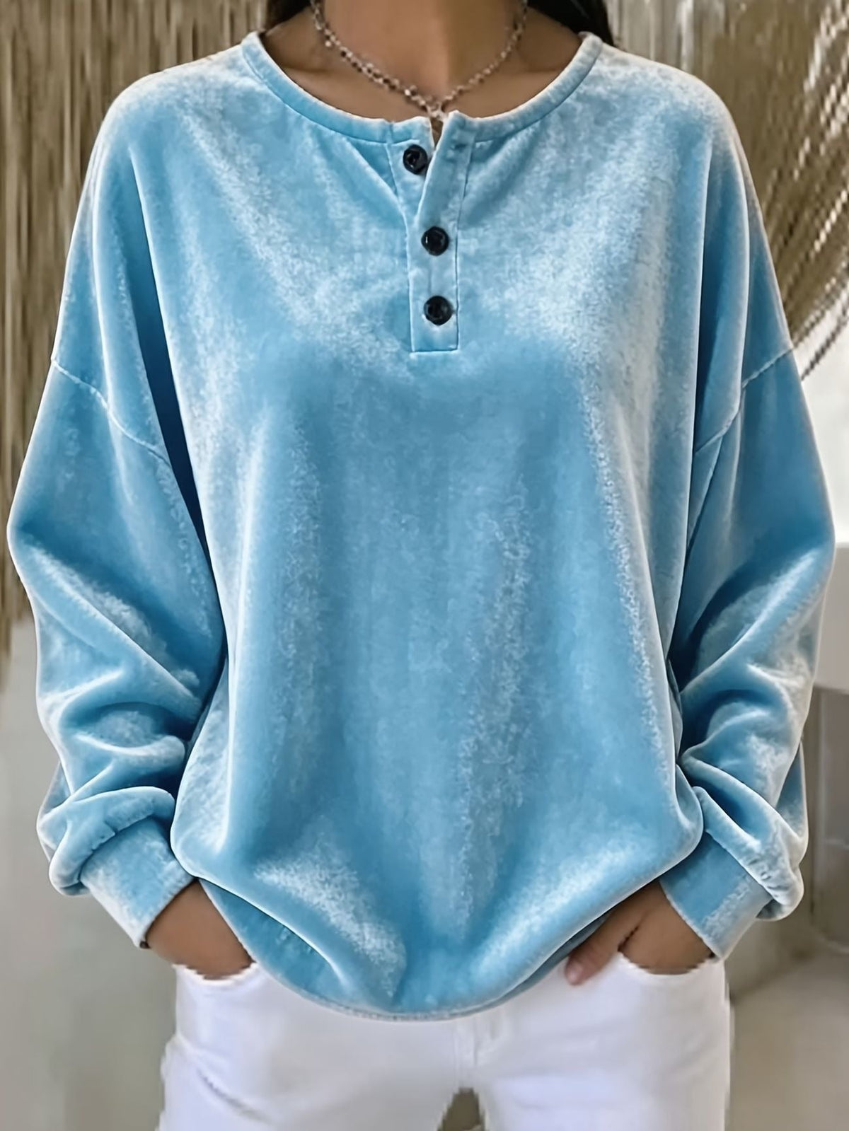 Women's Oversized Velvet Henley Sweatshirt with Button Placket and Dropped Shoulders