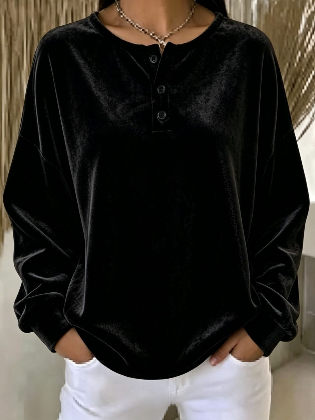 Women's Oversized Velvet Henley Sweatshirt with Button Placket and Dropped Shoulders