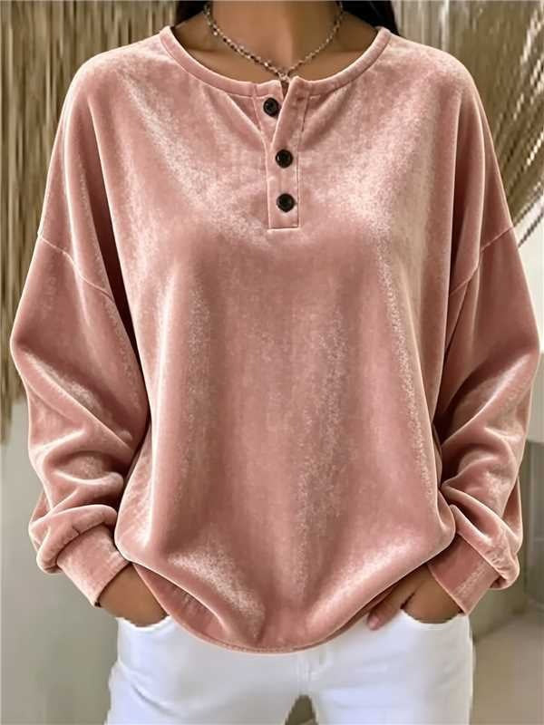 Women's Oversized Velvet Henley Sweatshirt with Button Placket and Dropped Shoulders