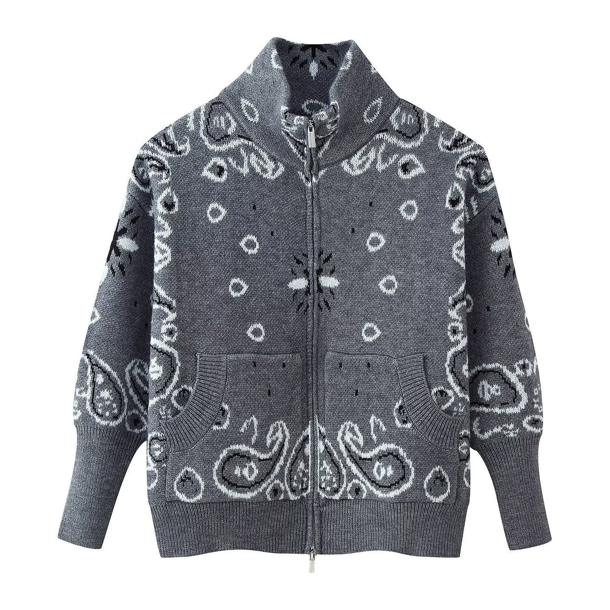 Women's Patterned Zip-Up Cardigan with Stand-Up Collar and Pockets