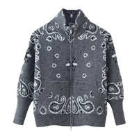 Women's Patterned Zip-Up Cardigan with Stand-Up Collar and Pockets