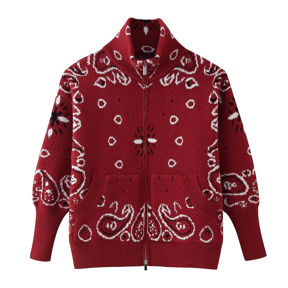 Women's Patterned Zip-Up Cardigan with Stand-Up Collar and Pockets