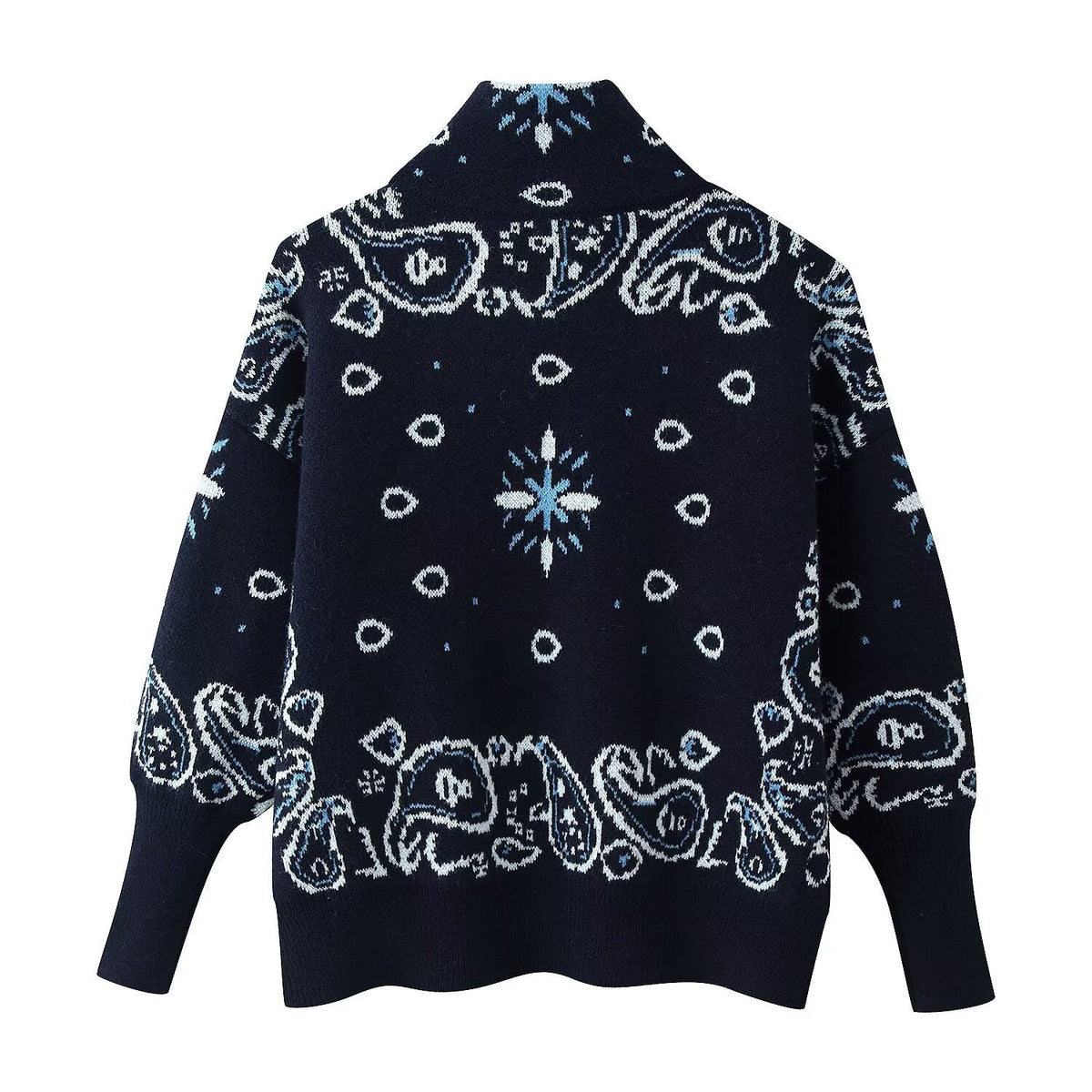 Women's Patterned Zip-Up Cardigan with Stand-Up Collar and Pockets