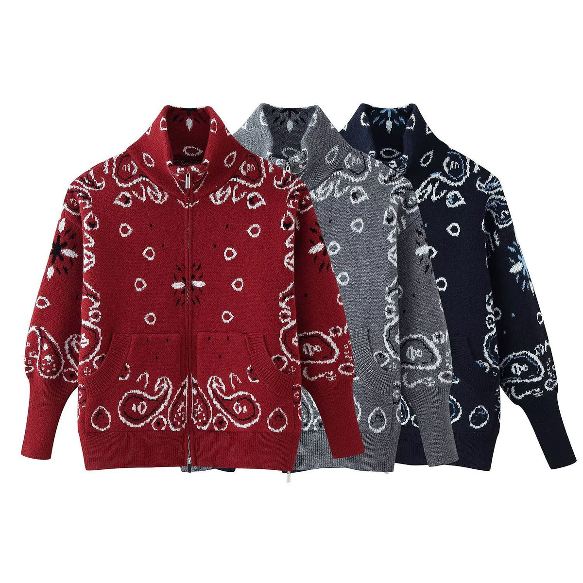 Women's Patterned Zip-Up Cardigan with Stand-Up Collar and Pockets
