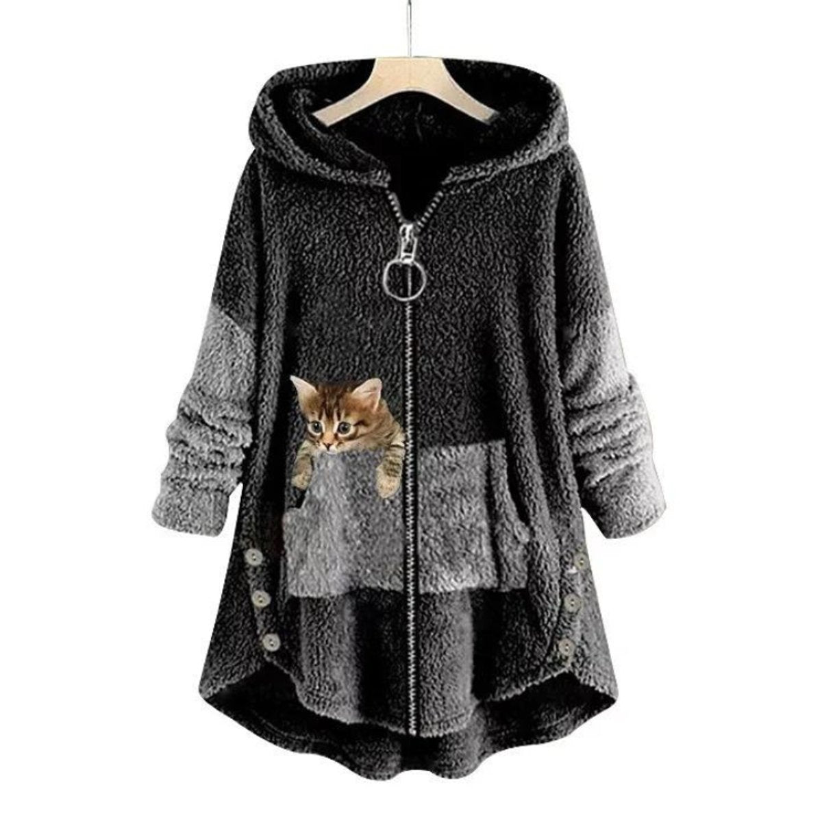 Women's Plush Fleece Zip-Up Hooded Coat with Cat Pocket