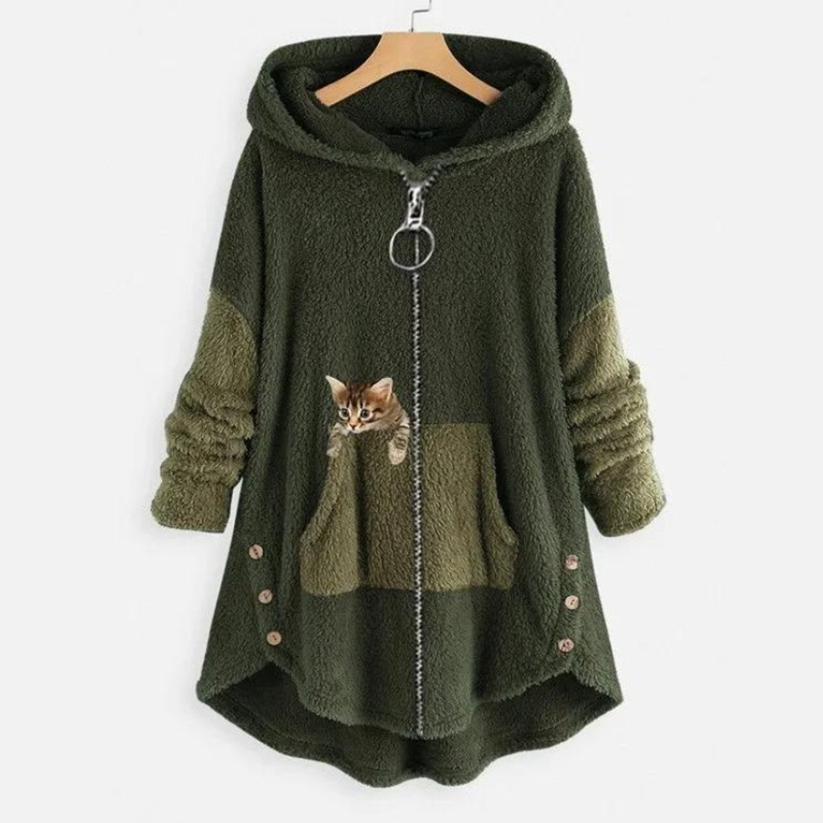 Women's Plush Fleece Zip-Up Hooded Coat with Cat Pocket