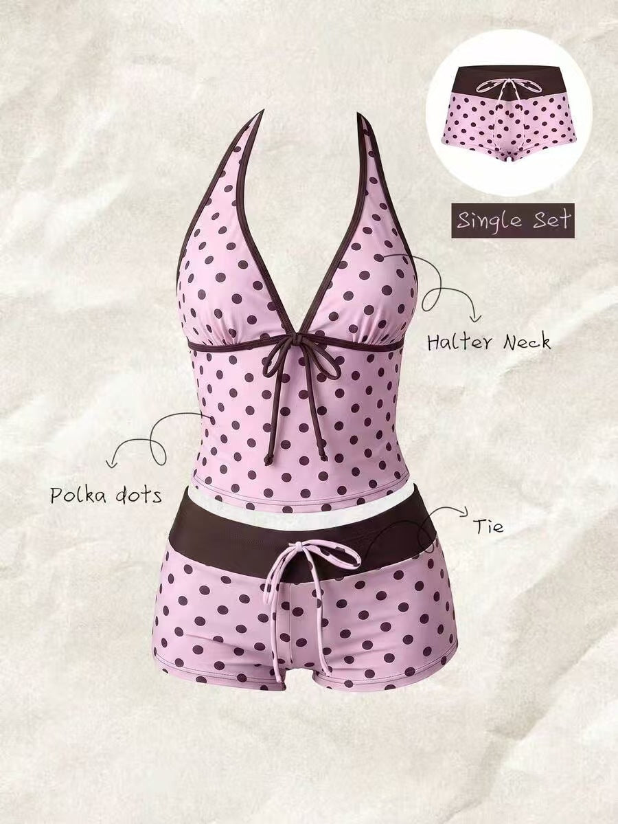 Women's Polka Dot Halter Tankini Top