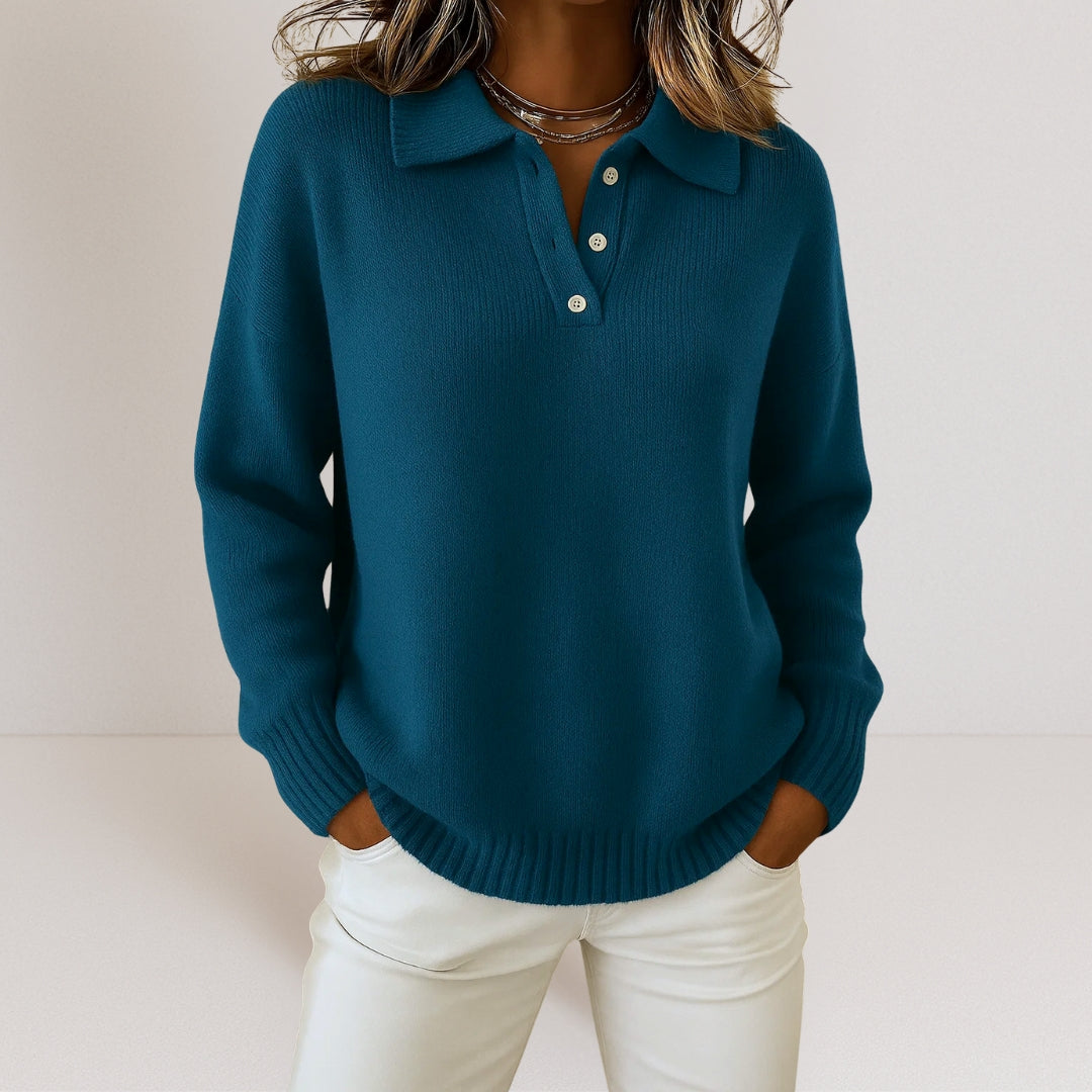 Women's Polo Sweater with Collar and Button Placket