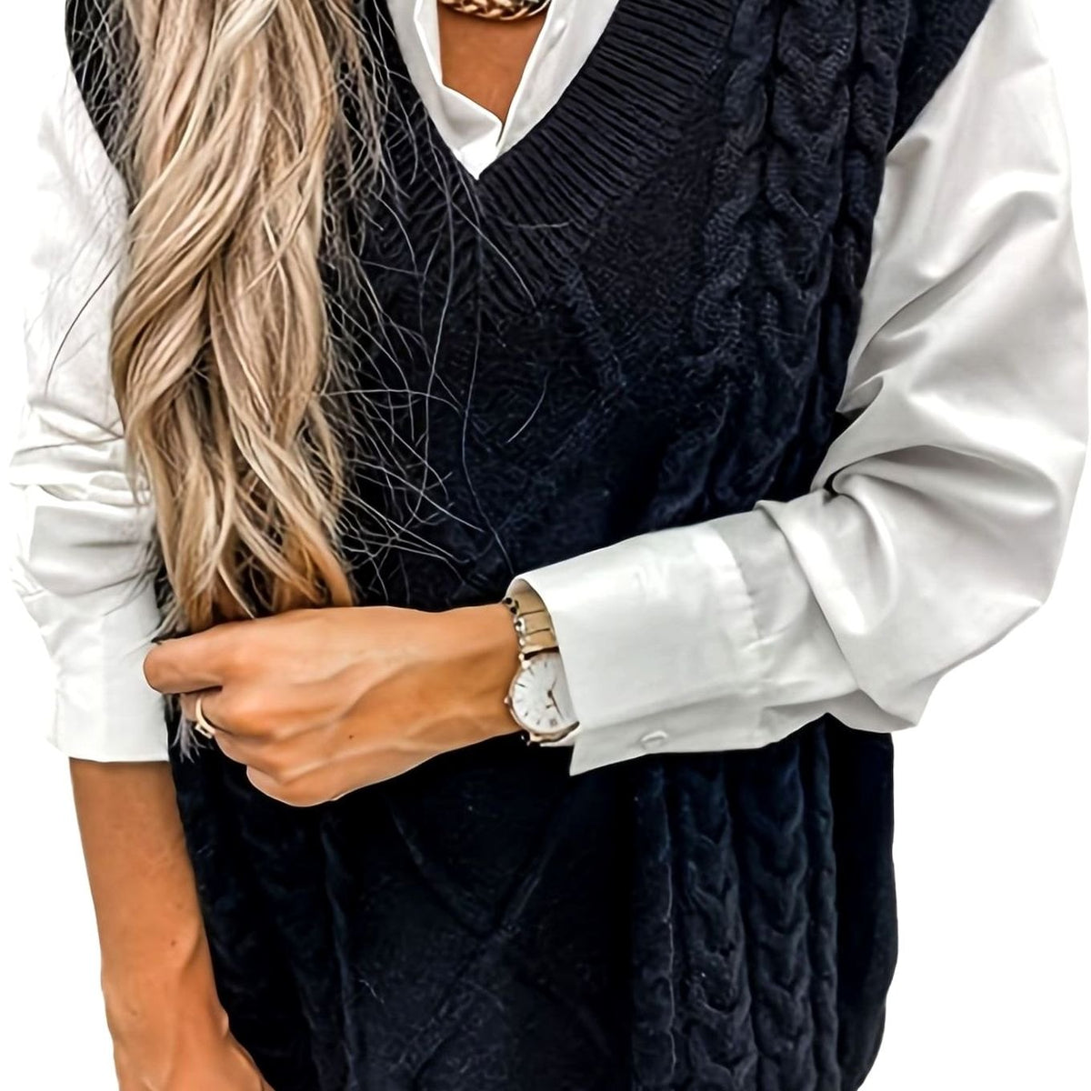 Women's Relaxed-Fit Cable-Knit V-Neck Sweater Vest