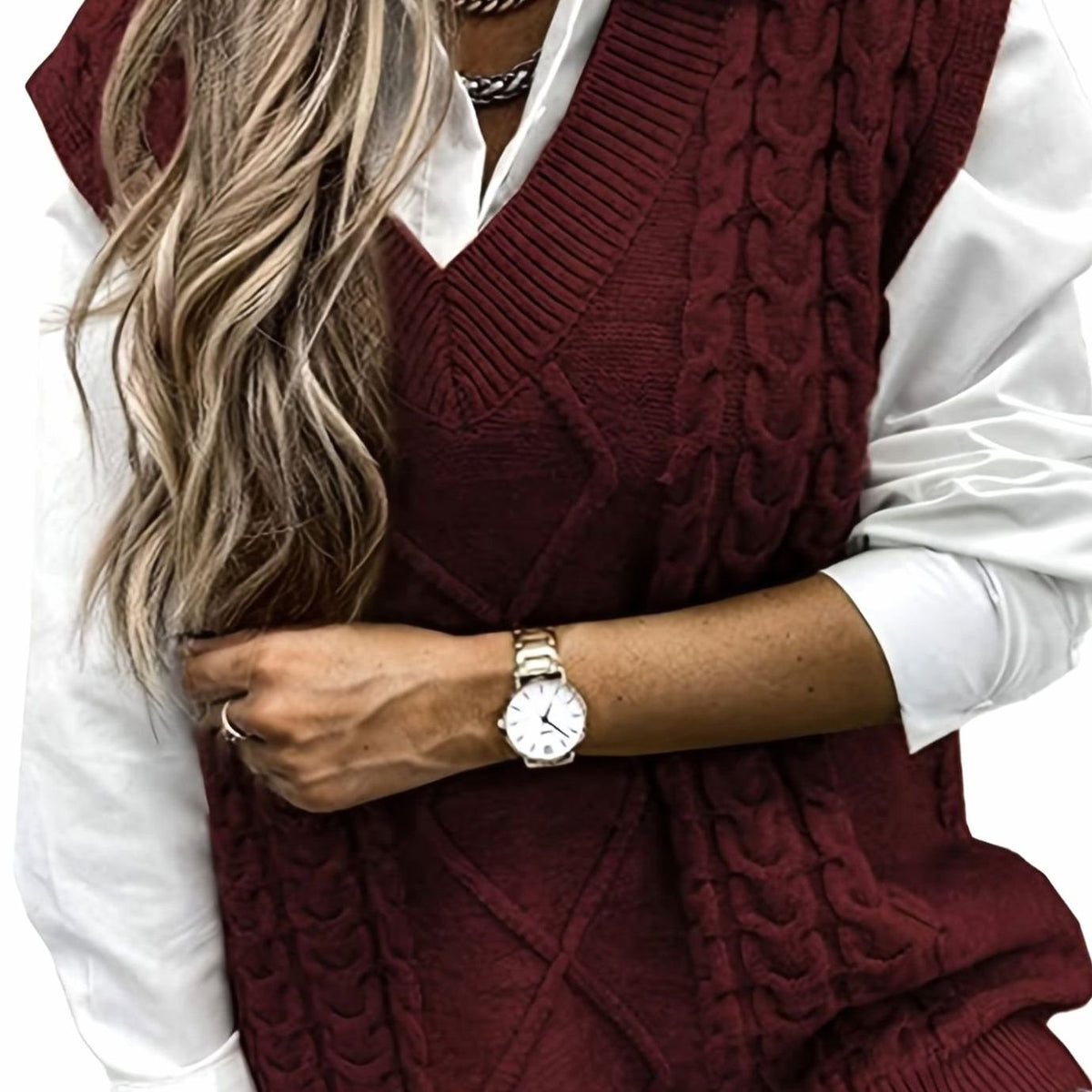 Women's Relaxed-Fit Cable-Knit V-Neck Sweater Vest