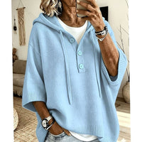 Women's Relaxed Half-Button Hooded Knit Sweater with 3/4 Sleeves