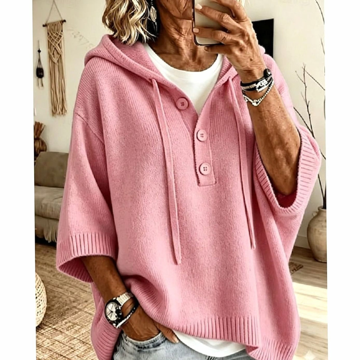 Women's Relaxed Half-Button Hooded Knit Sweater with 3/4 Sleeves