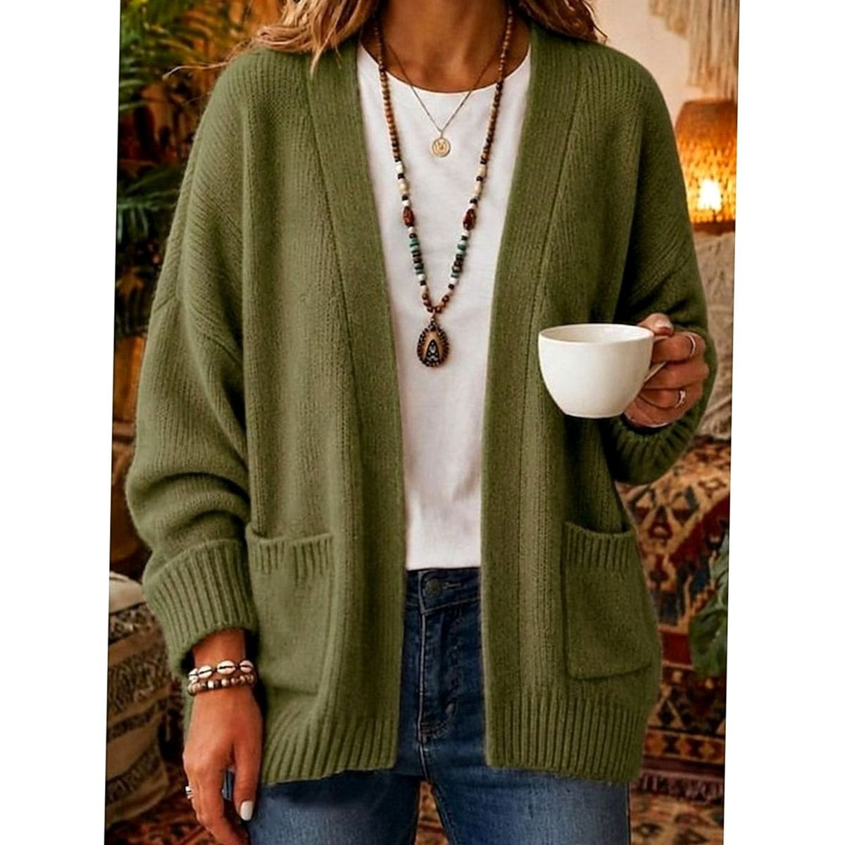 Women's Relaxed Open-Front Knit Cardigan Sweater with Pockets