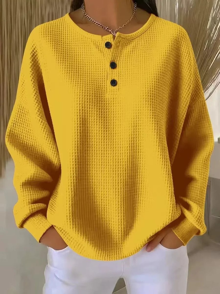 Women's Relaxed Waffle Knit Henley Pullover Sweater
