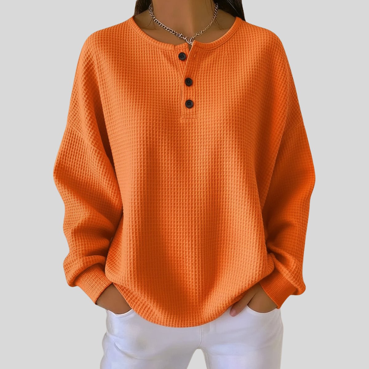 Women's Relaxed Waffle Knit Henley Pullover Sweater