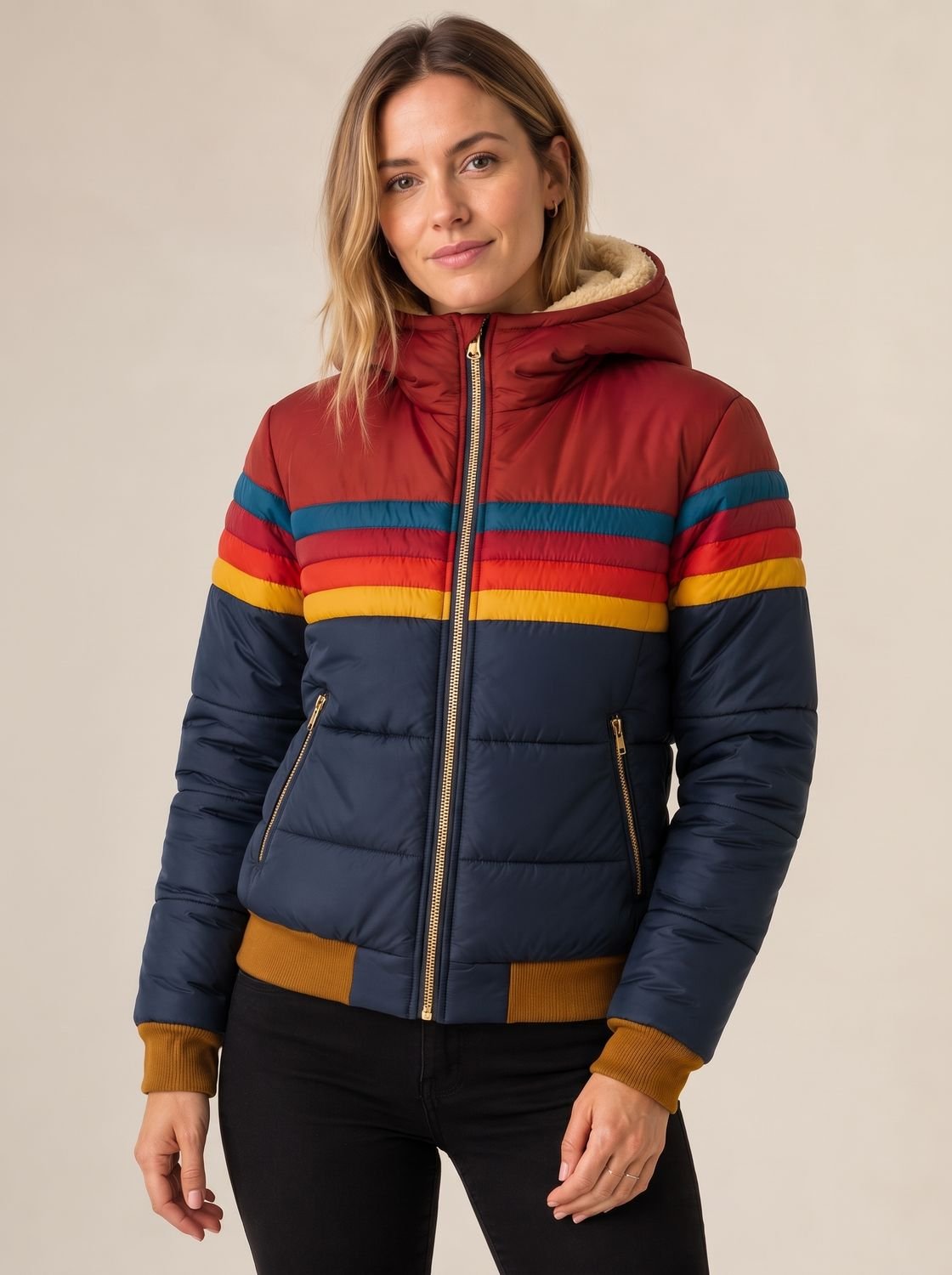 Women's Retro Stripe Color-Block Waterproof Hooded Puffer Jacket