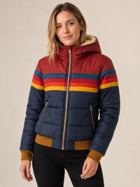 Women's Retro Stripe Color-Block Waterproof Hooded Puffer Jacket