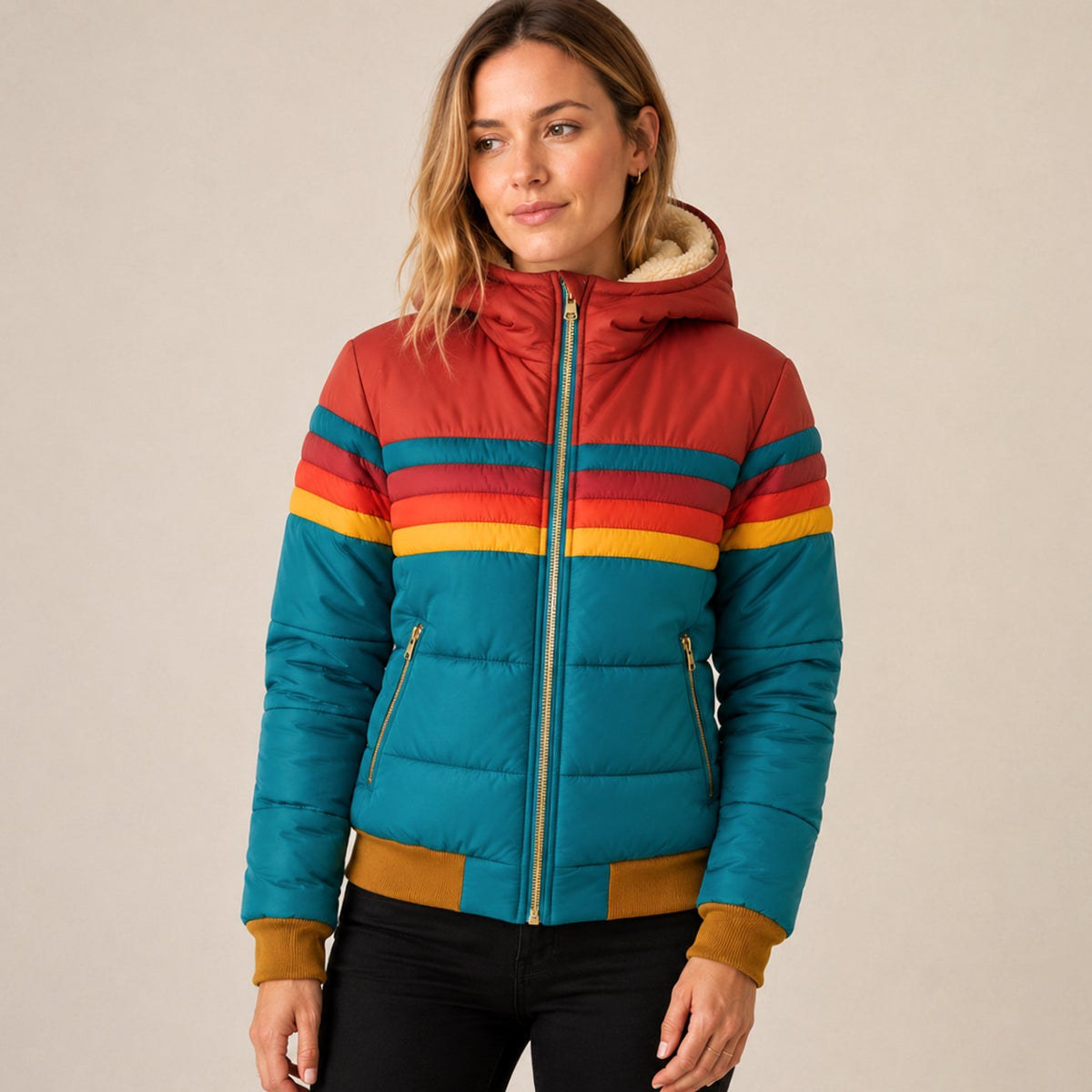 Women's Retro Stripe Color-Block Waterproof Hooded Puffer Jacket