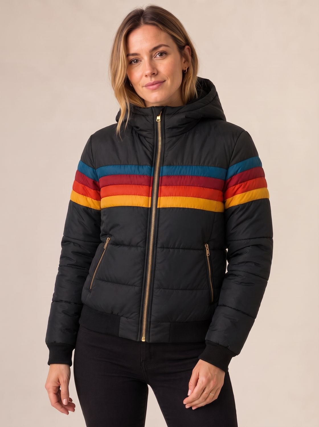 Women's Retro Stripe Color-Block Waterproof Hooded Puffer Jacket