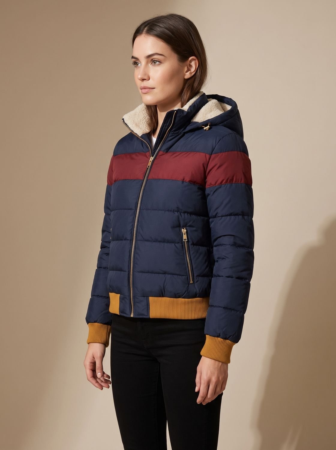Women's Retro Stripe Color-Block Waterproof Hooded Puffer Jacket