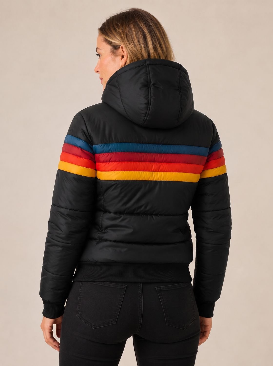 Women's Retro Stripe Color-Block Waterproof Hooded Puffer Jacket