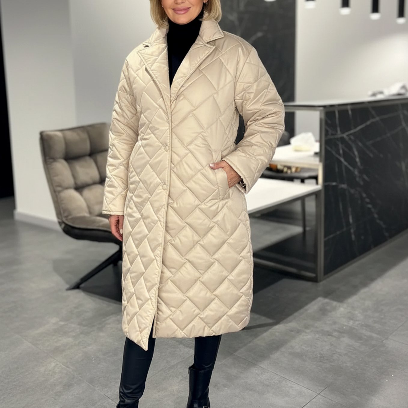 Women's Reversible Quilted Midi Winter Puffer Coat with Leopard Print Lining