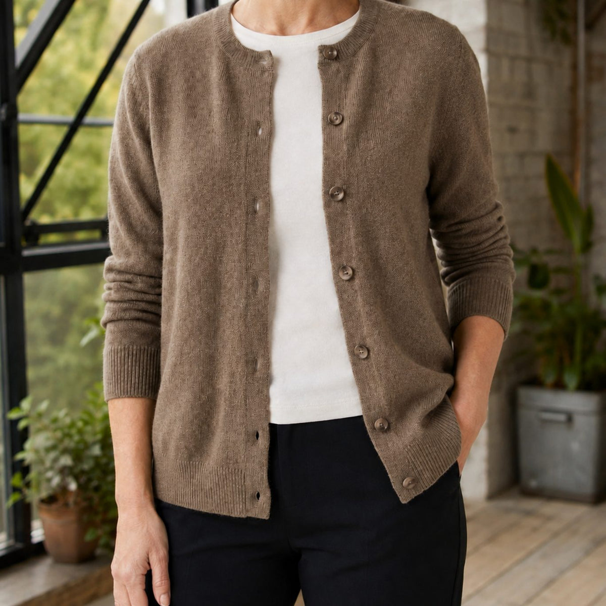 Women's Round-Neck Button-Front Knit Cardigan