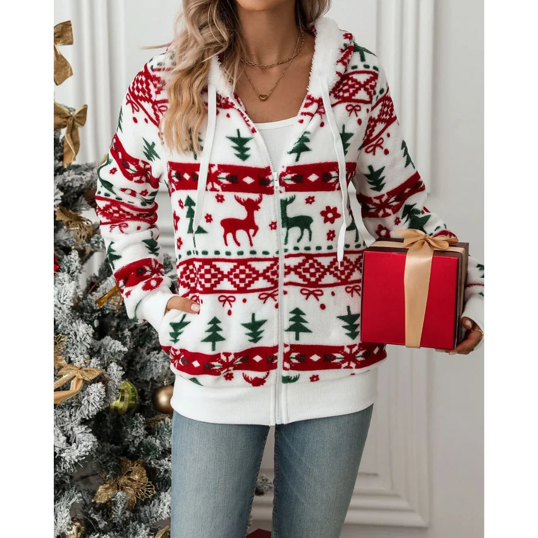 Women's Sherpa-Lined Christmas Print Zip-Up Hoodie