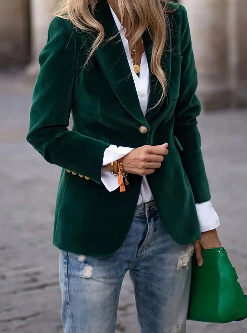 Women's Slim-Fit Velvet Blazer with Gold Buttons