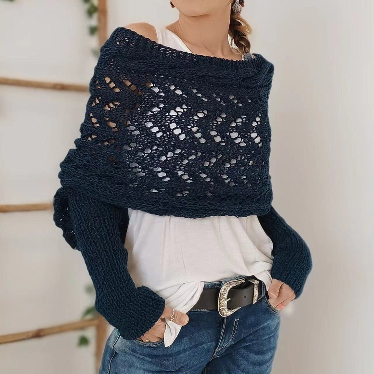 Women's Soft Openwork Knit Rectangular Winter Scarf
