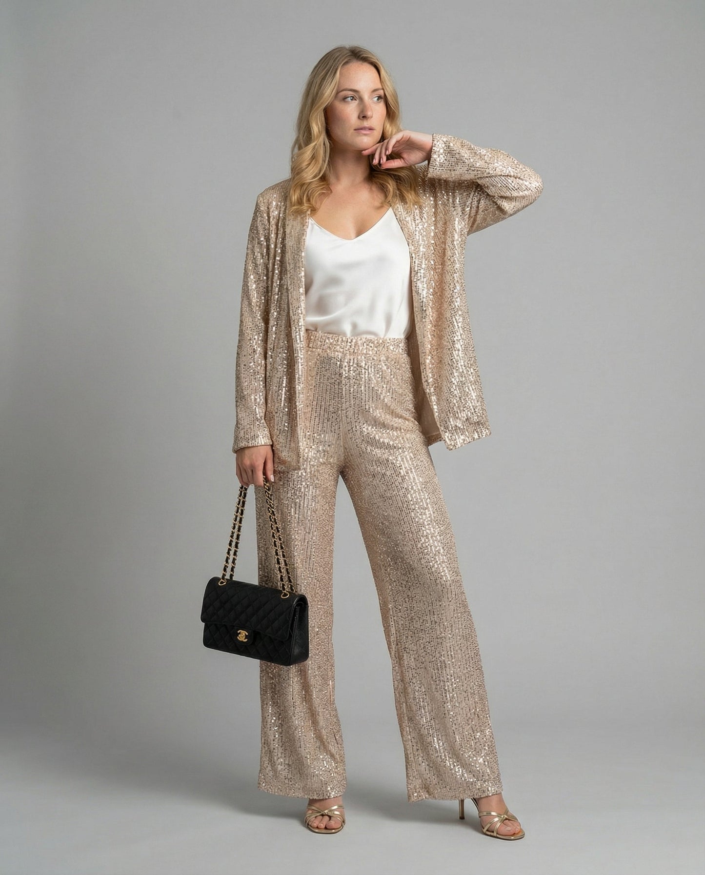 Women's Sparkling Blazer Suit with Wide Legs and Shimmering Sequins Wearclo