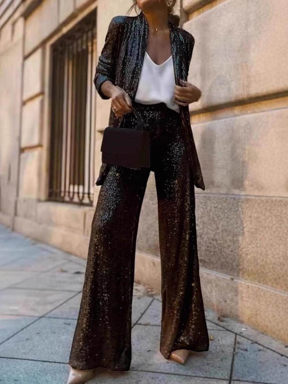 Women's Sparkling Blazer Suit with Wide Legs and Shimmering Sequins Wearclo