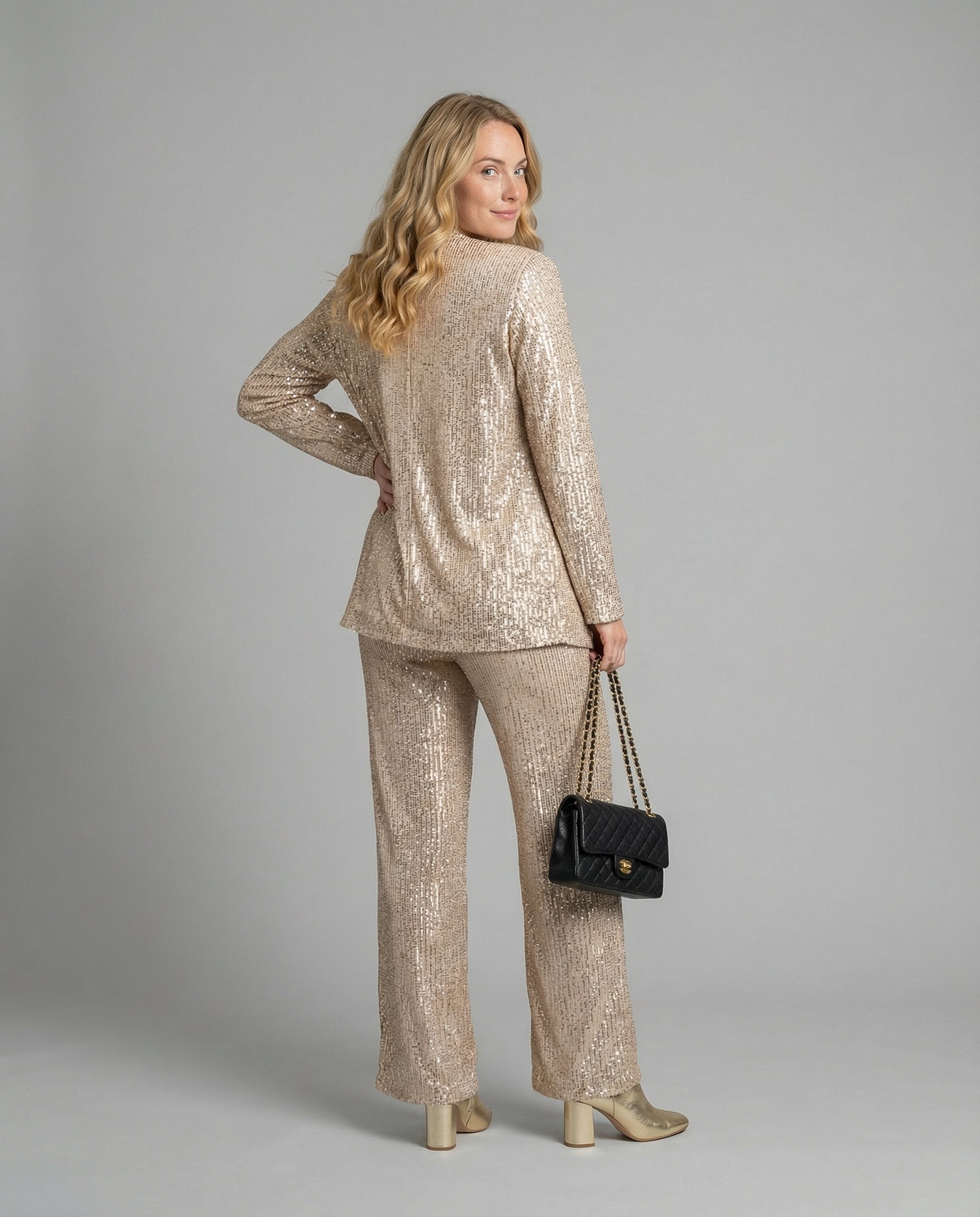 Women's Sparkling Blazer Suit with Wide Legs and Shimmering Sequins Wearclo