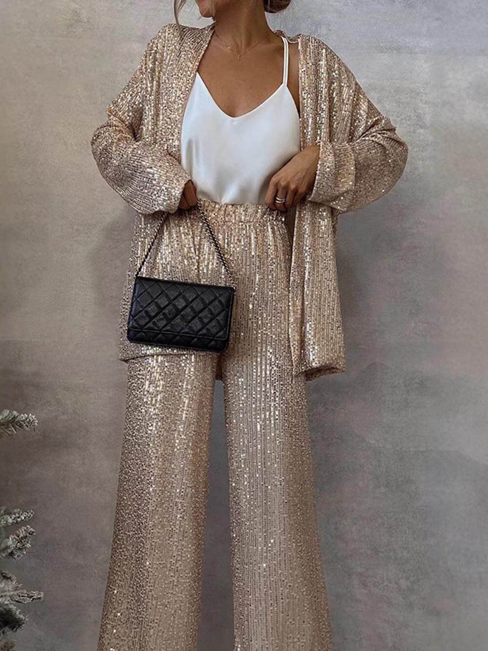 Women's Sparkling Blazer Suit with Wide Legs and Shimmering Sequins Wearclo