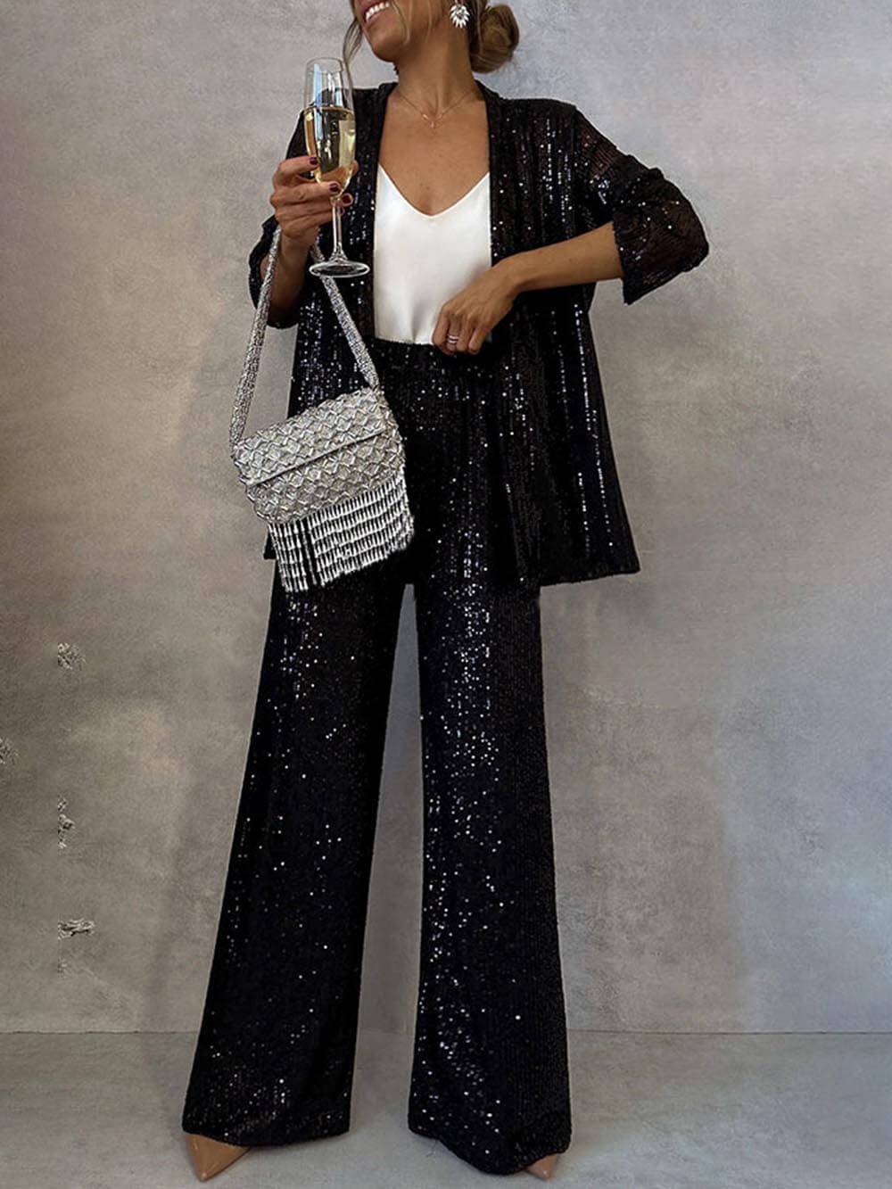 Women's Sparkling Blazer Suit with Wide Legs and Shimmering Sequins Wearclo