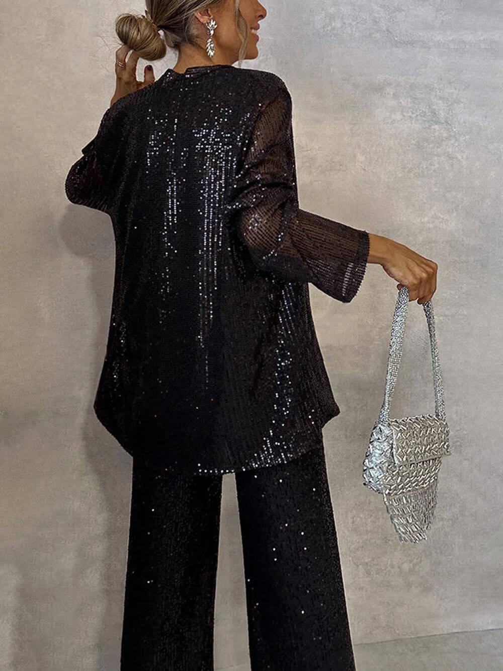 Women's Sparkling Blazer Suit with Wide Legs and Shimmering Sequins Wearclo
