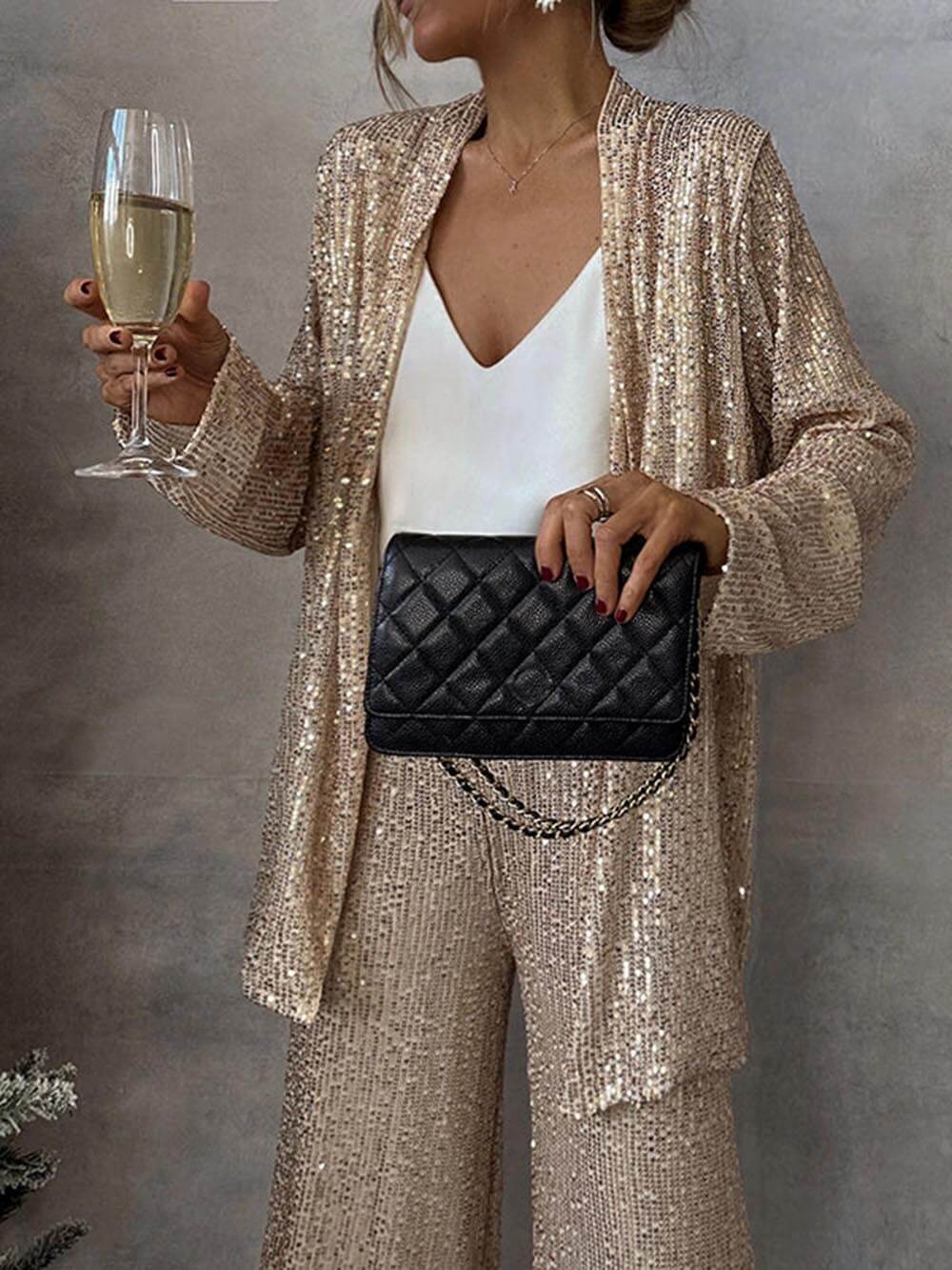 Women's Sparkling Blazer Suit with Wide Legs and Shimmering Sequins Wearclo