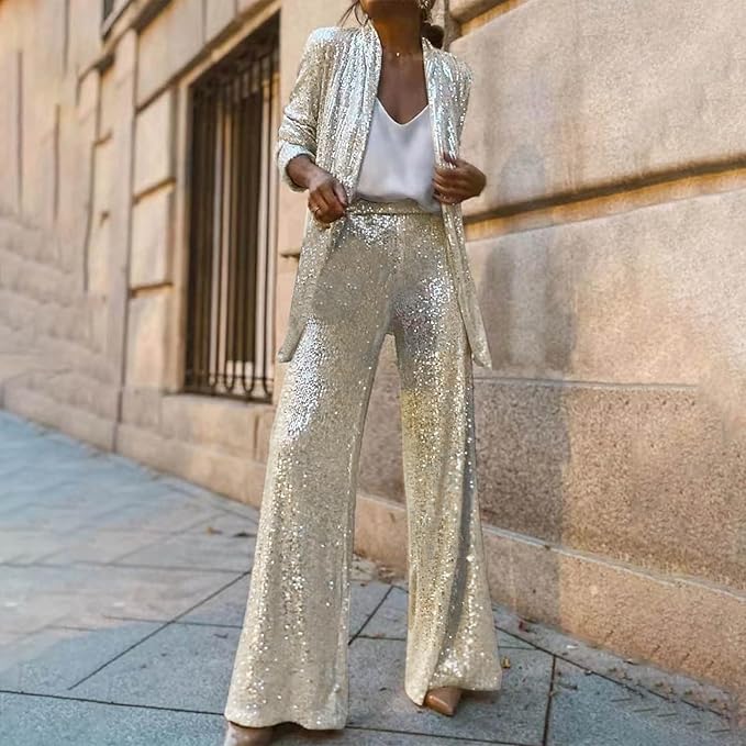 Women's Sparkling Blazer Suit with Wide Legs and Shimmering Sequins Wearclo