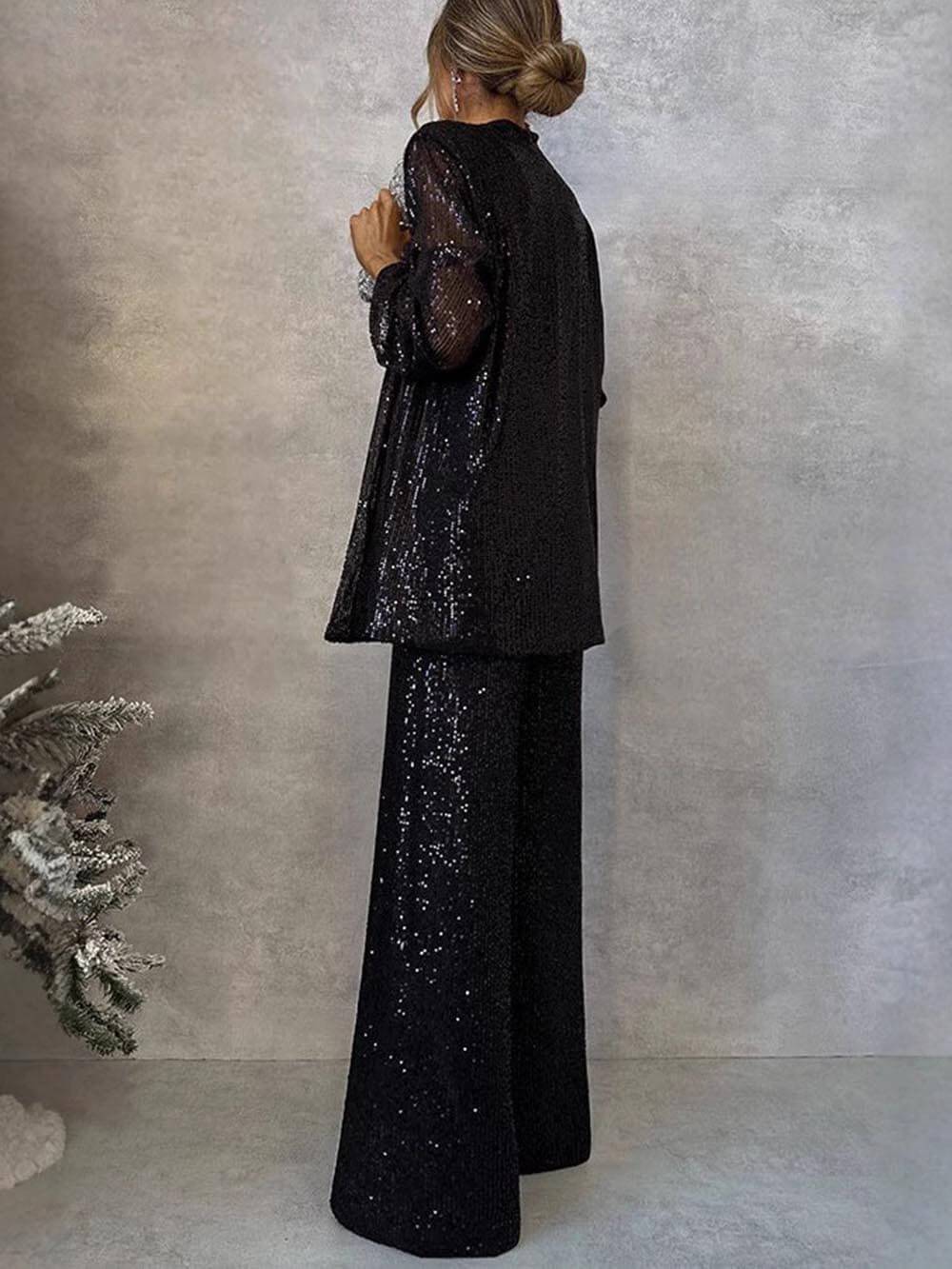 Women's Sparkling Blazer Suit with Wide Legs and Shimmering Sequins Wearclo