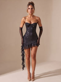 Women's Sparkly Black Sequin Ruffle Christmas Party Mini Dress
